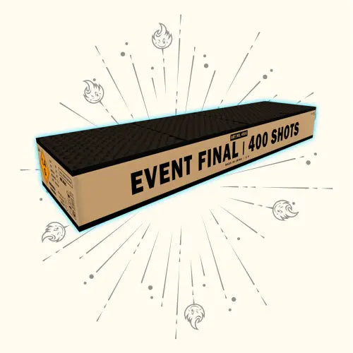 Eine rechteckige Box mit dem Schriftzug "HELLO Event Final Compound" von Hello wird schräg dargestellt, mit Starburst-Linien und Flammensymbolen im Hintergrund - ideal für Ihre Verbundfeuerwerk- oder Feuerwerk 2024-Feier.