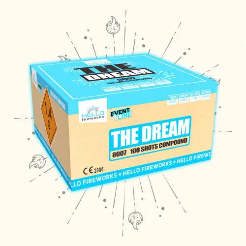 Eine blau-beigefarbene HELLO The Dream-Box von Hello mit der Aufschrift "8007 100 Schuss compound" ist mit Gefahrenwarnungen, Strahlungslinien und Flammensymbolen versehen und unterstreicht den Status der NEUHEIT 2024.
