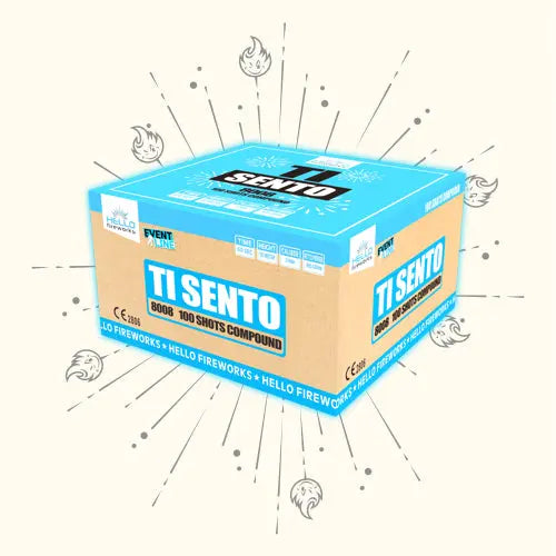 Eine blau-braune Schachtel mit der Aufschrift "HELLO Ti Sento Compound" von Hello ist mit Funken und Strichen illustriert. NEUHEIT 2024-100 Schuss Verbundfeuerwerk, besonders effektreich inszeniert!.