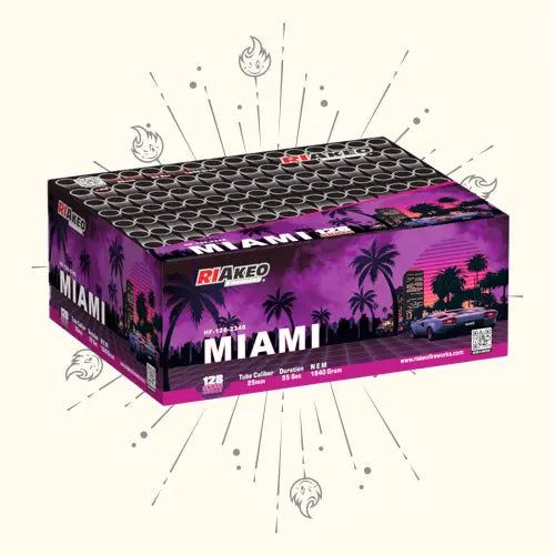 Der Riakeo Miami von RIAkeo ist ein violett-schwarzer Feuerwerkskörper, der Palmen, eine Stadtsilhouette und ein Auto bei Nacht zeigt. Dieses 128-schüssige Verbundfeuerwerk hat 30-mm-Rohre und auffällige dekorative Icons.
