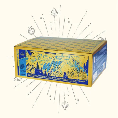 Eine farbenfrohe Schachtel mit Iskra Wilk Silvesterfeuerwerk von Iskra zeigt ein blau-gelbes Design mit Bergen, Bäumen, Feuerwerk, Starburst-Akzenten und kleinen Flammensymbolen auf hellem Hintergrund.