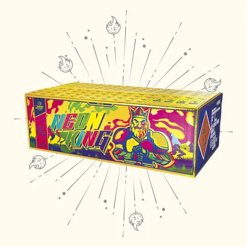 Die Iskra Neon King Feuerwerksdose von Iskra zeigt einen lebendigen bärtigen König mit Krone, strahlenden Linien, Cartoon-Flammen und Verbundfeuerwerk-Effekt-Highlights auf hellem Hintergrund.