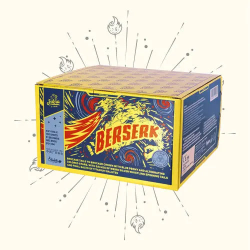 Die leuchtende Iskra Berserk Verbundfeuerwerk-Box von Iskra zeigt auffällige gelbe und rote Flammen auf blauem Hintergrund, illustrierte Funken, Produktdetails und hebt das aufregende BKS-Finale vor einem cremefarbenen Hintergrund hervor.