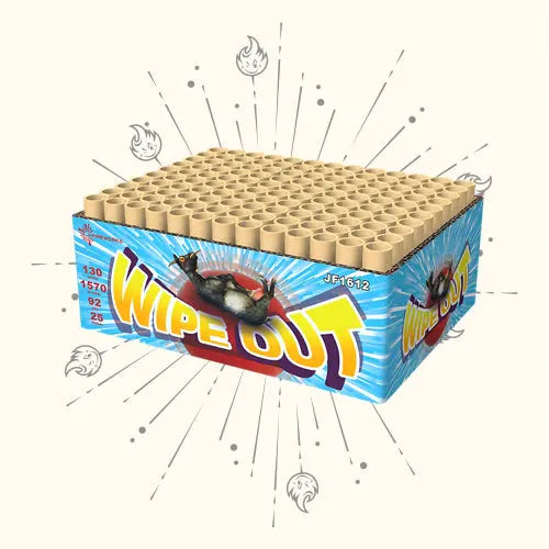Eine rechteckige Schachtel mit der Aufschrift "J-Fireworks Wipe Out Family" von J-Fireworks mit bunten Grafiken und Cartoon-Explosionsmustern enthält Reihen von zylindrischen Röhren. Im Hintergrund sind illustrierte Funkeneffekte zu sehen.