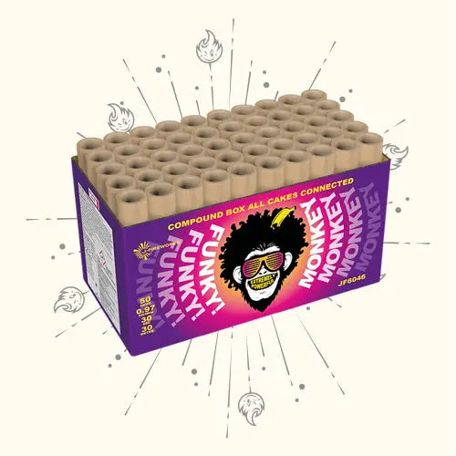 J-Fireworks Funky Monkey von J-Fireworks ist eine rechteckige 50-Schuss Verbundfeuerwerk-Box mit einem Cartoon-Afro-Affen mit Sonnenbrille, lila-gelbem Design, verspieltem Text, Starbursts und freiliegenden Pappröhren auf der Oberseite.