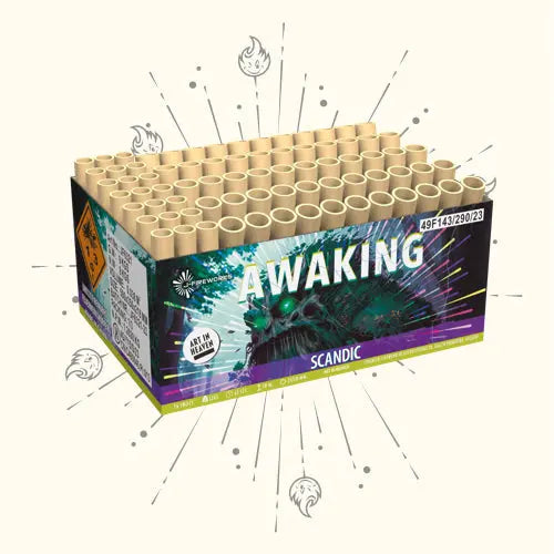 Die "Scandic Awaking" von Scandic ist eine 76-schüssige XXL-Verbundfeuerwerkskiste mit mehreren oberen Röhren, lebendigem Artwork und Warnsymbolen an den Seiten. Die Illustrationen der Feuerwerksfunken strahlen im Hintergrund.