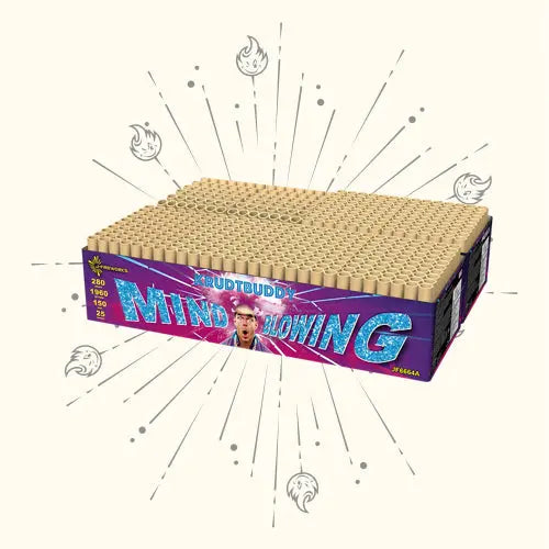 Eine rechteckige J-Fireworks Krudtbuddy Mind Blowing A|B Showbox mit buntem Text, Cartoon-Grafiken und mehreren zylindrischen Röhren auf der Oberseite vor einem weißen Hintergrund mit illustrierten Funkeneffekten.
