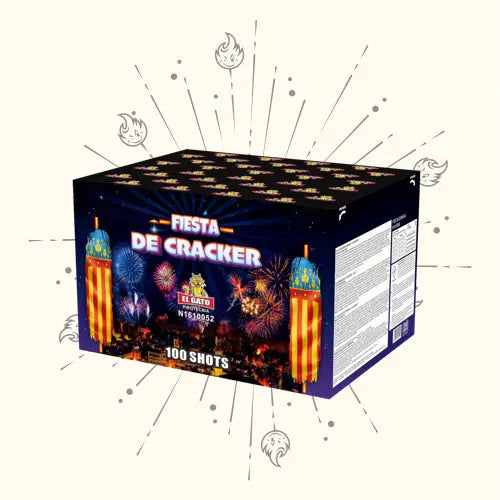 Der "El Gato Fiesta de Cracker" von El Gato zeigt ein farbenfrohes Stadtmotiv und "100 Schuss" auf der Schachtel und unterstreicht seinen Verbundfeuerwerk-Stil mit einem bunten Feuerwerk und detaillierten Seitenwänden.
