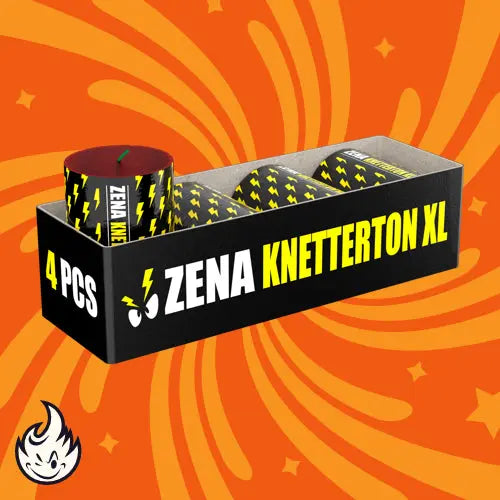 Eine Zena Knetterton XL-Box von Zena enthält vier Rollen mit schwarzen und gelben Blitzmustern im klassischen Pyrotechnik-Stil, einem orangefarbenen Hintergrund mit Wirbeln und einem kleinen Flammensymbol in der Ecke.