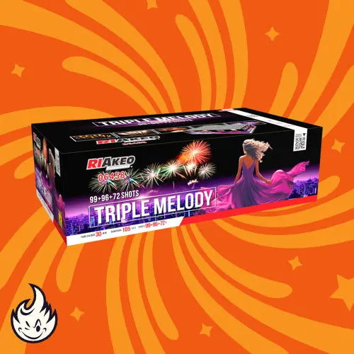 Die RIAkeo Riakeo Triple Melody A|B|C ist eine rechteckige Feuerwerksbox mit einer Frau in Pink, einer Stadtlandschaft und einem Feuerwerk auf einem orangefarbenen, wirbelnden Hintergrund - ein auffälliges 267-schüssiges Triple-Finale für High-End-Displays.
