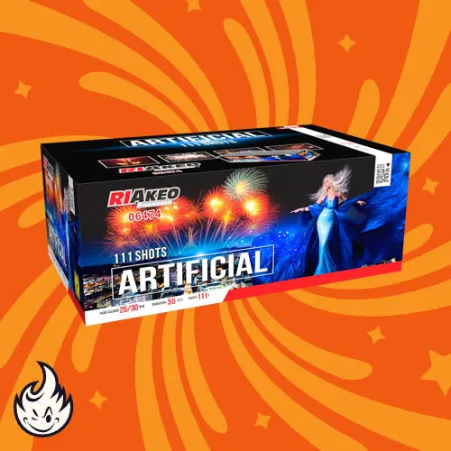 Die RIAkeo "Riakeo Artificial"-Feuerwerksdose zeigt eine Frau in Blau mit lebhaftem Feuerwerk auf einem orangefarbenen Knallhintergrund. Das fächerförmige Fächer-Verbundfeuerwerk liefert mit 111 Schüssen ein schillerndes Schauspiel für eindrucksvolle Feste.