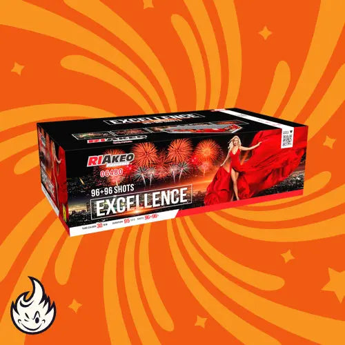 Eine Schachtel Riakeo Excellence von RIAkeo mit 192 Schuss sticht vor einem orangefarbenen Hintergrund hervor.