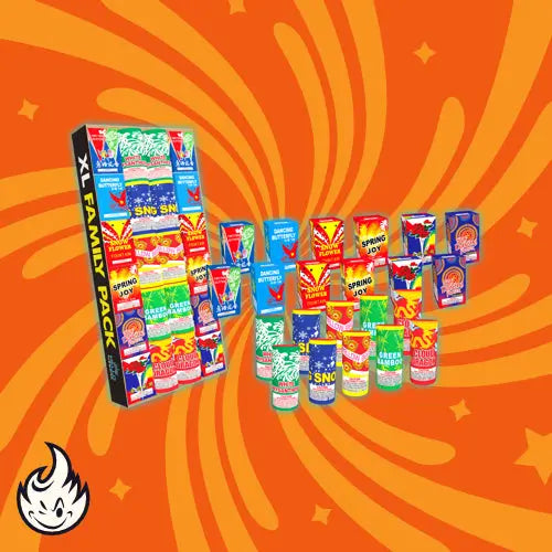Das Hello XL Family Pack von Hello zeigt verschiedene bunte Feuerwerkskörper, darunter Fontänen und Kegel, auf einem orangefarbenen Hintergrund mit Wirbeln. Die Box steht links und hebt die Wow-Garantie mit einem Flammensymbol in der unteren linken Ecke hervor.