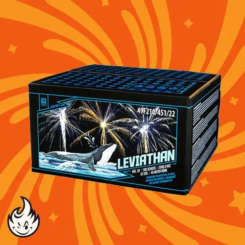 Eine Schachtel Argento Leviathan 100sh Compound von Argento wird vor einem orangefarbenen Hintergrund mit gelben Explosionsmustern präsentiert, auf denen ein Wal und Feuerwerk abgebildet sind, um die farbenfrohen und auffälligen Effekte im Inneren hervorzuheben.