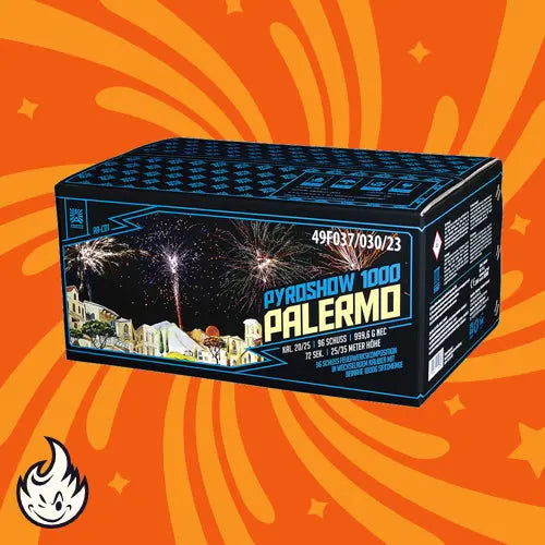Die rechteckige Argento Pyroshow 1000-A Palermo-Box zeigt ein farbenfrohes Feuerwerk über einer Stadtlandschaft auf orangefarbenem Hintergrund mit wirbelnden Mustern und einem kleinen Flammensymbol in der Ecke.