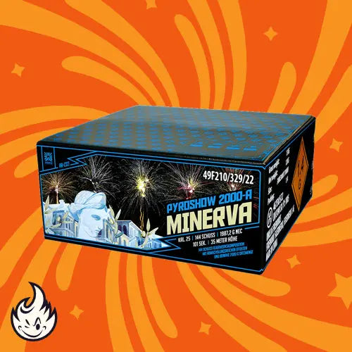 Eine blaue Argento Pyroshow 2000 Minerva | Reconquista 144sh Schachtel zeigt ein Feuerwerk und eine Statue auf einem orangefarbenen Hintergrund mit wirbelnden Mustern und einem Flammenlogo in der Ecke.