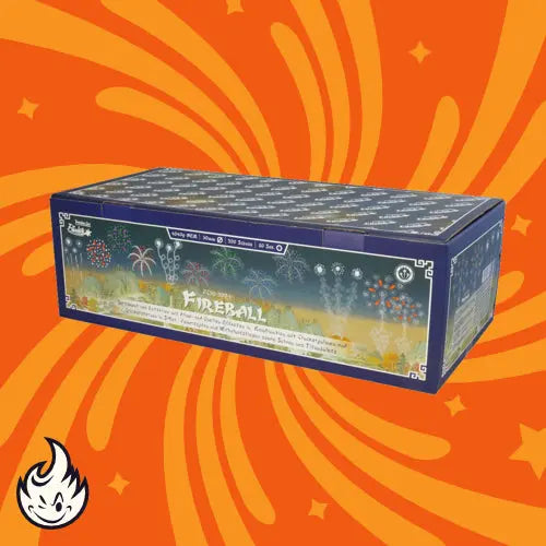 Eine rechteckige Funke Fireball-Box von Funke steht vor einem orangefarbenen Hintergrund mit gelben Wirbeln. Unten links erscheint ein kleines Flammensymbol, das dieses XXL-Compound-Feuerwerk hervorhebt.