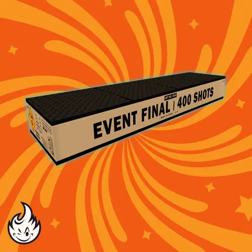 Eine rechteckige HELLO Event Final Compound Box von Hello wird vor einem orangefarbenen Hintergrund mit wirbelnden gelben Mustern und Sternformen gezeigt. Unten links erscheint ein weißes Flammenlogo, das dieses Verbundfeuerwerk für Feuerwerk 2024 hervorhebt.