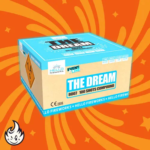 Eine Schachtel mit HELLO The Dream von Hello steht auf einem orangefarbenen Hintergrund mit Wirbelmuster. Die NEUHEIT 2024-Schachtel ist blau und beige, mit der Aufschrift "100 Schuss Compound" und einem 1,4G-Gefahrensymbol versehen.
