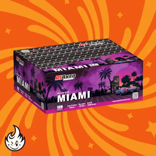 Eine Schachtel Riakeo Miami von RIAkeo ist auf einem orangefarbenen Hintergrund mit gelben Wirbeln und einem Flammenlogo abgebildet. Das Design zeigt eine Stadtlandschaft, Palmen und ein Auto in lila-schwarz und bietet 128 Aufnahmen mit leistungsstarken 30 mm Effekten.