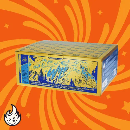 Eine gelbe und blaue Iskra Wilk-Box mit Wald- und Nachthimmelmotiven hebt sich von einem orangefarbenen Hintergrund mit wirbelnden gelben Motiven und einem Flammensymbol ab - ein ideales Iskra-Feuerwerk für jede Feier.