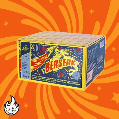 Die Iskra Berserk Box von Iskra mit dynamischen roten und gelben Grafiken auf orangem Hintergrund mit wirbelnden Mustern und einem Flammensymbol bietet Verbundfeuerwerk für ein beeindruckendes Feuerwerk.