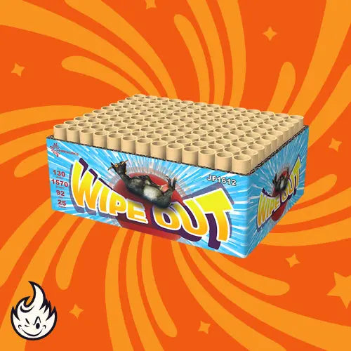 Die "J-Fireworks Wipe Out Family" Box von J-Fireworks zeigt eine lebendige Explosionsgrafik, 130 Schuss Verbundfeuerwerk, einen orangefarbenen Hintergrund mit dynamischen Wirbeln und ein kleines Flammensymbol.