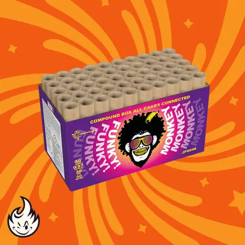 J-Fireworks Funky Monkey von J-Fireworks zeigt einen Cartoon-Affen mit Sonnenbrille und Afro auf einer orangefarbenen, wirbelnden Box - ideal für Fans von 50 Schuss Verbundfeuerwerk und atemberaubenden Brokatkronen-Effekten.
