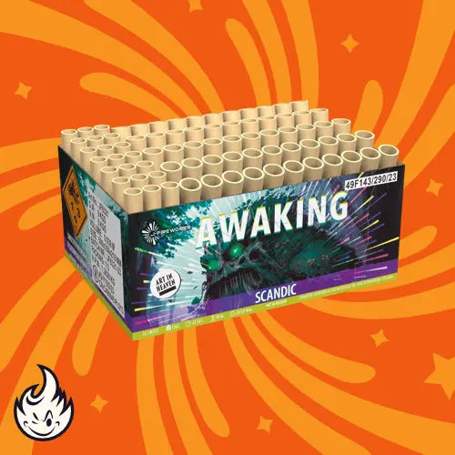 Eine Schachtel mit der Aufschrift "Scandic Awaking Compound" von Scandic mit mehreren zylindrischen Röhren auf der Oberseite ist vor einem orangefarbenen Hintergrund mit gelben Strahlen und einem Flammensymbol in der Ecke abgebildet.