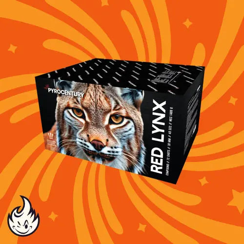 Der Pyrocentury Red Lynx Fan von Pyrocentury ist ein rechteckiger Feuerwerkskasten mit einem Luchsgesicht auf orangem Hintergrund, gelben Ausbruchsmustern und einem Flammensymbol. Dieses Verbundfeuerwerk bietet 72 Schuss mit markanten 30 mm Kaliber-Effekten.