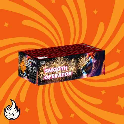 Die "Pyro Specials Smooth Operator"-Feuerwerksbox von Pyro Specials zeigt eine Löwengrafik und ein farbenfrohes Feuerwerk auf orangefarbenem Hintergrund mit gelben Wirbeln, Flammensymbol und hebt das 100-schüssige Verbundfeuerwerk hervor.