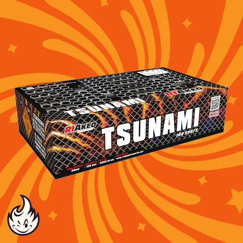 Eine rechteckige RIAkeo Tsunami Double-Compound Feuerwerksdose von RIAkeo steht vor einem orangefarbenen Hintergrund mit gelben Wirbeln. Die schwarz-orangefarbene Box hat eine gitterartige Oberseite und fördert 199 Schüsse für ein beeindruckendes Feuerwerk.