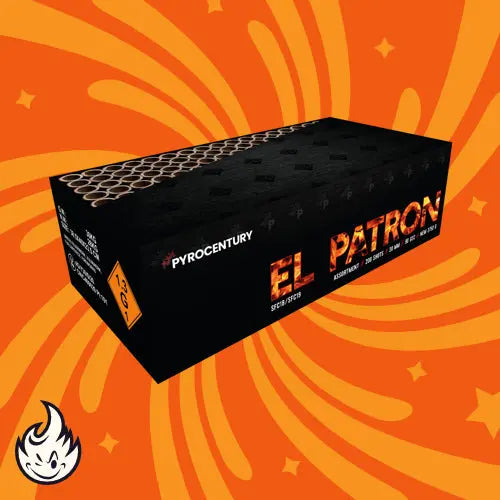 Eine schwarze rechteckige Pyrocentury El Patron-Feuerwerksdose steht auf einem orangefarbenen Hintergrund mit wirbelnden gelben Mustern und einem weißen Flammenlogo - ideal für Ihr nächstes Silvesterfeuerwerk.