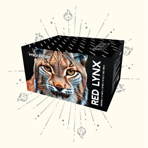 Der Pyrocentury Red Lynx Fan von Pyrocentury ist ein rechteckiger Feuerwerkskasten mit einem Luchsgesicht mit illustrierten Funken und Luchssymbolen. Dieses 72-Schuss Verbundfeuerwerk liefert spannende Effekte mit kräftigen Schüssen im Kaliber 30 mm.