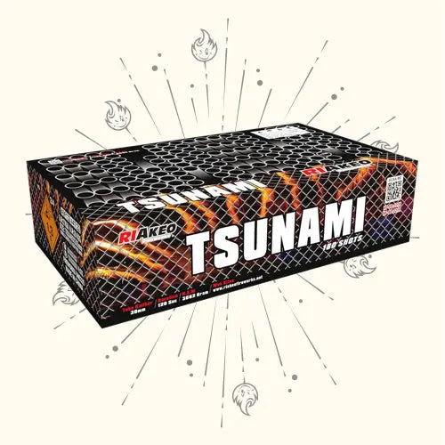 Die RIAkeo Tsunami Double-Compound ist eine rechteckige Feuerwerksbox mit feurigem Look und schwarzem Gitter, die 199 Schuss, Warnhinweise, einen QR-Code und Cartoon-Explosionslinien enthält, die vom kühnen RIAkeo-Design ausgehen.
