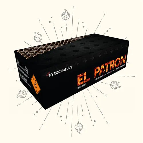 Eine rechteckige schwarze Pyrocentury El Patron-Box mit auffälligen orangefarbenen Schriftzügen, Flammen und strahlenden Linien - ein echter Hingucker für Silvester Feuerwerk oder jeden, der Feuerwerk von Pyrocentury kaufen möchte.