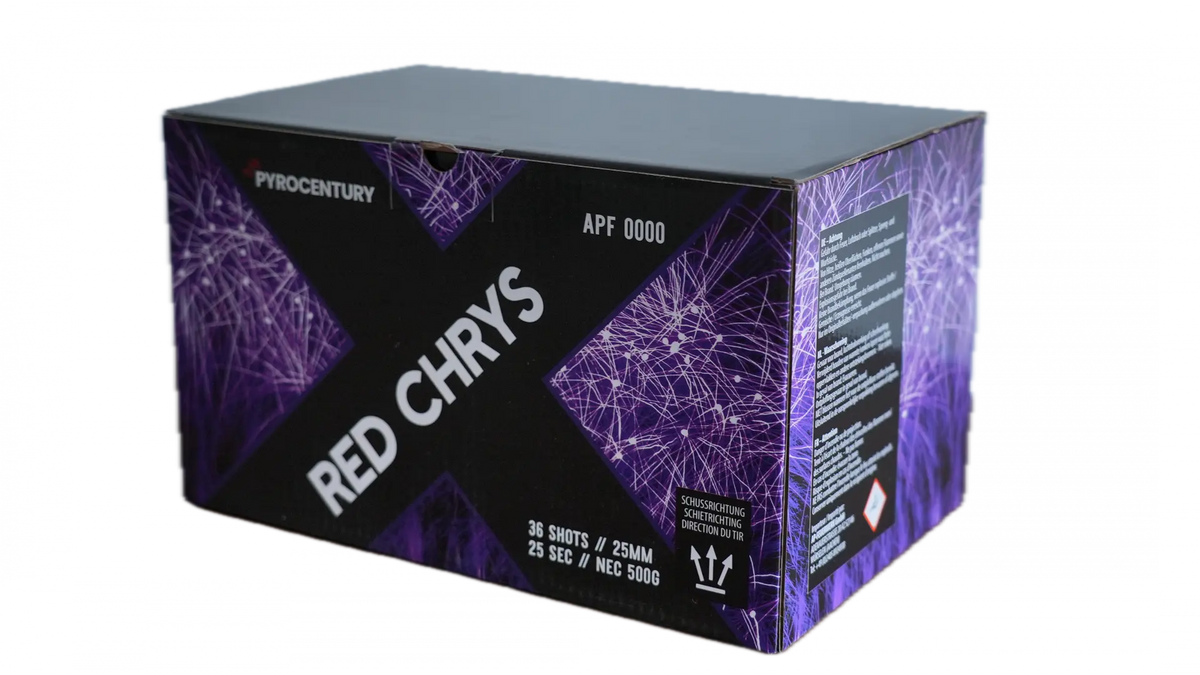 Der Pyrocentury Red Chrys Fan von Pyrocentury ist eine lila-schwarze Feuerwerksbatterie mit 36 Schuss Chrysanthemen-Salven, beschriftet mit "25 sec", "500g" und Sicherheitsinformationen auf dem Panel.