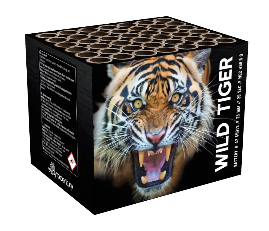Der Pyrocentury Wild Tiger von Pyrocentury ist eine schwarze Feuerwerksbox mit einem knurrenden Tiger und mehreren Feuerwerksröhrenöffnungen auf der Oberseite, die eine sichere Zündung für Ihre Feier bietet.