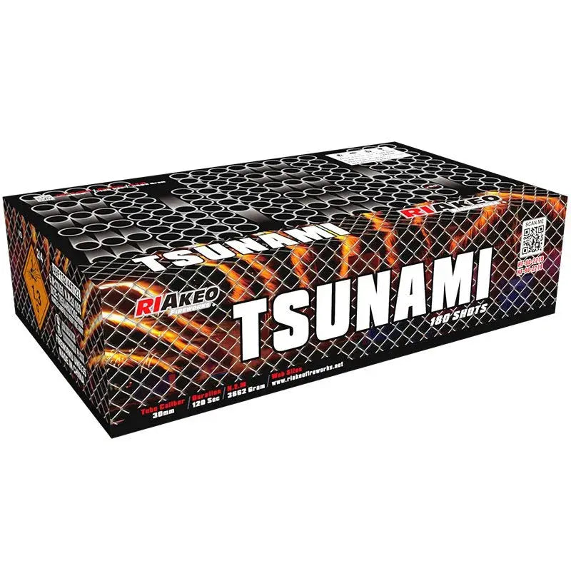Die RIAkeo Tsunami Double-Compound Feuerwerksbox von RIAkeo besticht durch ihr auffälliges schwarz-oranges Design mit auffälligen weißen Schriftzügen und Feuerwerksbildern und liefert 199 Schuss für eine spektakuläre High-End-Show.