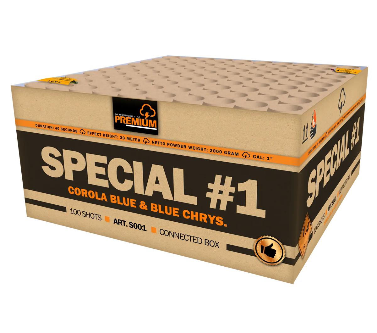 Die Katan Special #1, eine beigefarbene Schachtel von Katan, bietet "Corola Blue & Blue Chrys"-Effekte mit 100 Schüssen in 45 Sekunden, einer Reichweite von 30 Metern, einem Gewicht von 2000 g sowie Sicherheitssymbolen und einem Logo in Premiumqualität.