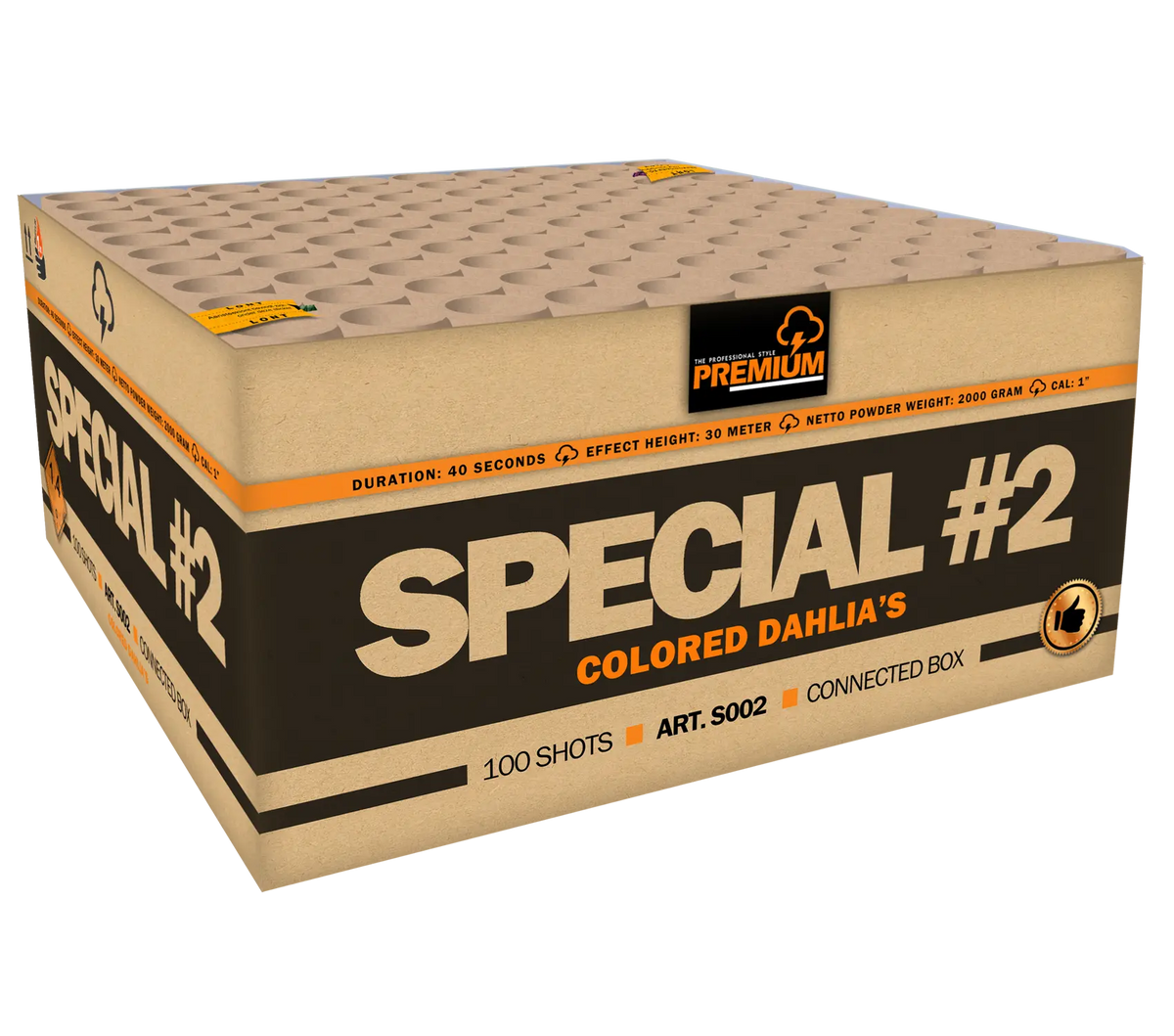 Eine rechteckige Schachtel mit der Aufschrift "Katan Special #2" von Katan enthält ein Verbundfeuerwerk mit 100 Schuss und hat oben kreisförmige Öffnungen für jedes Dahlien-Feuerwerk. Auf der Verpackung sind die Marke, Produktdetails und das Feuerwerk abgebildet.