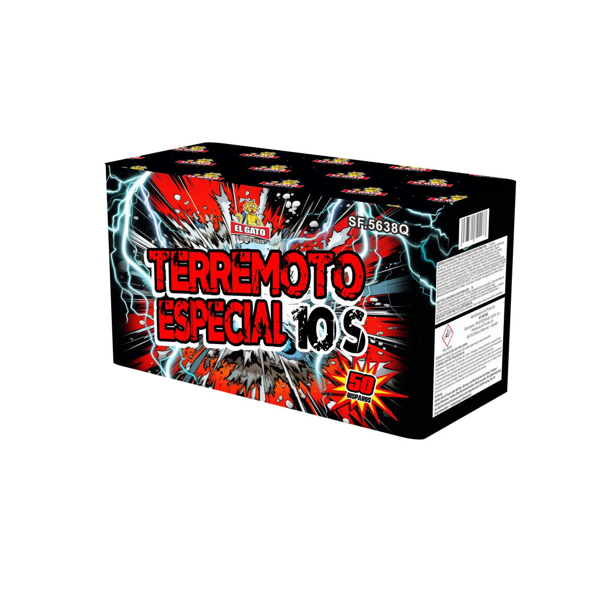 Der El Gato Terremoto Especial 10s Ti-Salut von El Gato verfügt über einen auffälligen roten und weißen Text, eine Blitzgrafik, ein Burst-Design, Sicherheitshinweise, ein "50 shots"-Etikett und liefert spektakuläre Titan-Salut-Feuerwerkseffekte.