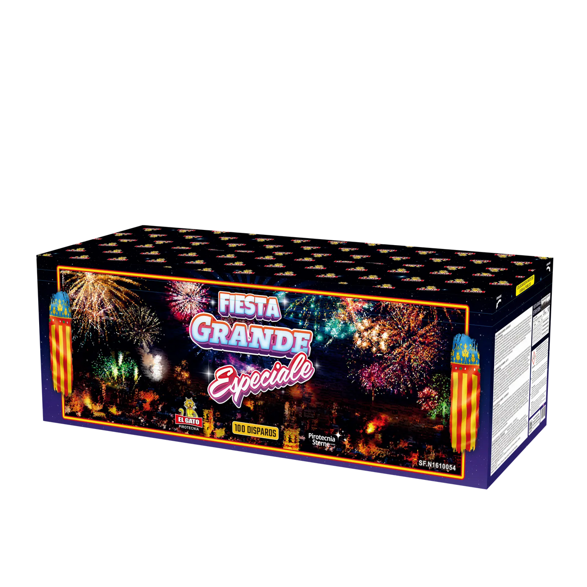 Eine rechteckige Schachtel mit der Aufschrift "El Gato Fiesta Grande Especiale" von El Gato ist mit leuchtenden Feuerwerksbildern, fetten Schriftzügen und Angaben versehen, die darauf hinweisen, dass es sich um ein Verbundfeuerwerk-Sortiment mit 100 Schuss handelt.