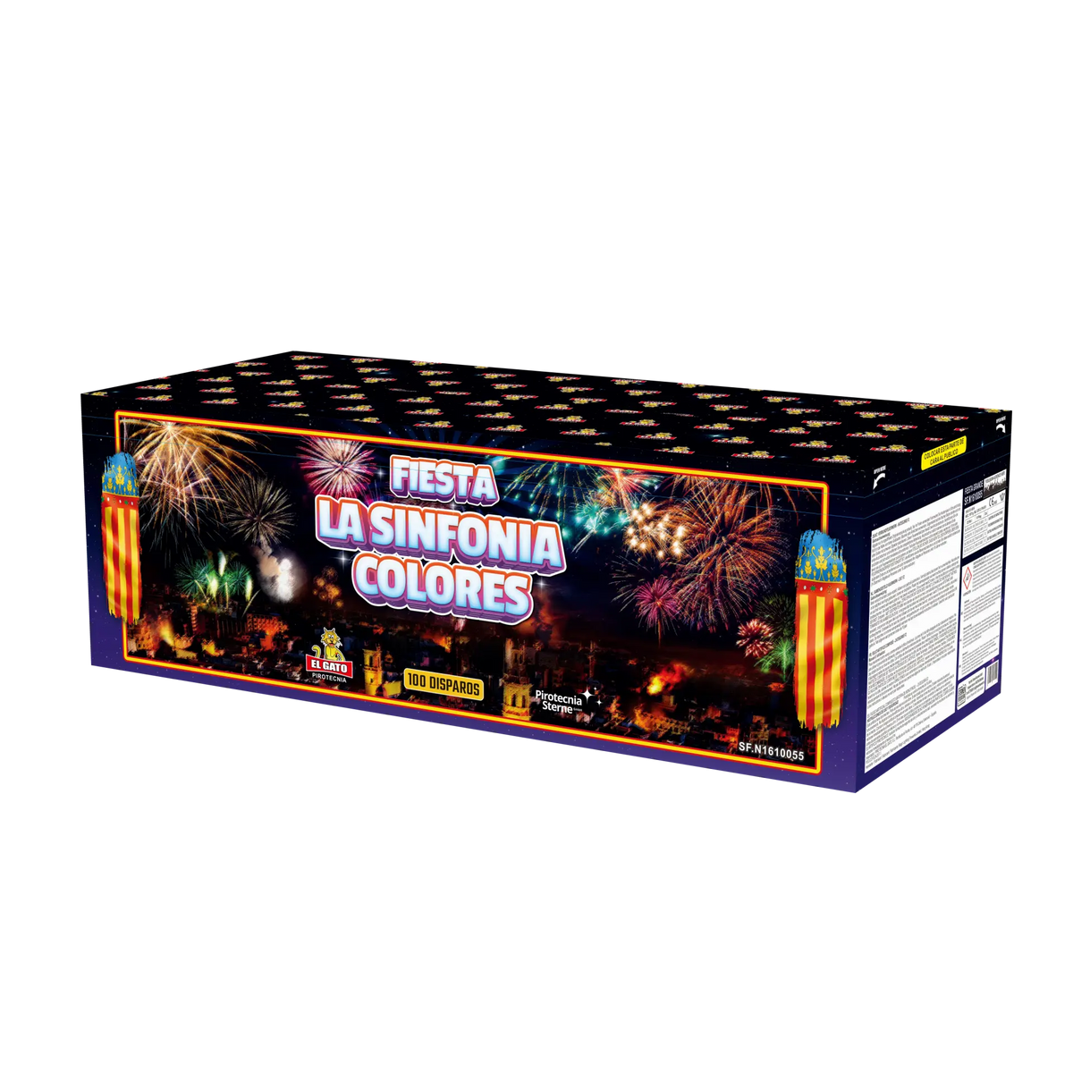 Die Schachtel El Gato Fiesta La Sinfonia Colores von El Gato zeigt ein lebhaftes Feuerwerk über einer nächtlichen Stadtlandschaft. Auf der Verpackung stehen "100 disparos" (100 Schüsse) für ein unvergessliches Feuerwerk.