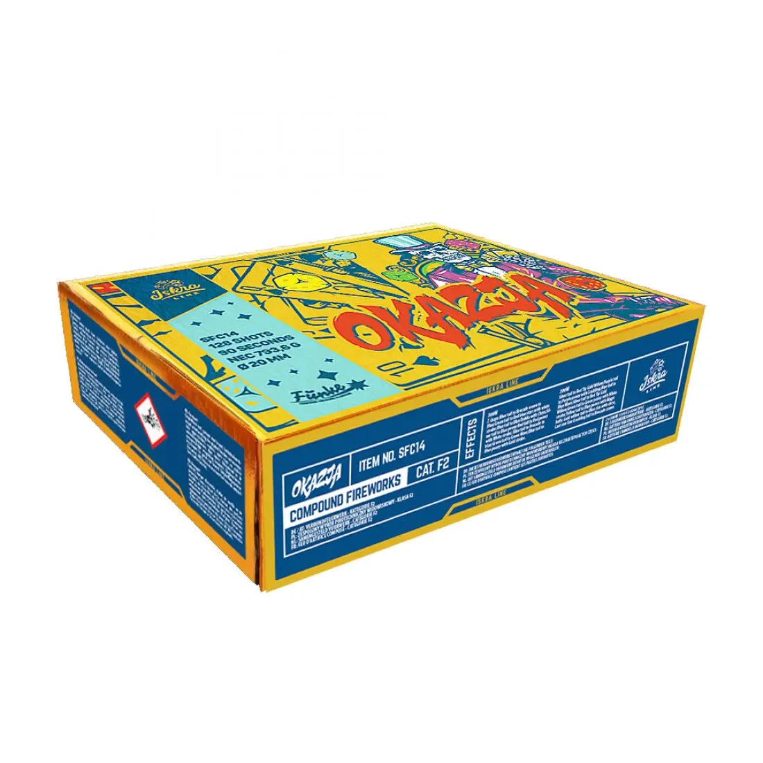 Die Iskra Okazja Compound von Iskra ist eine rechteckige Box mit 128 Schuss, 20mm Z-Form Feuerwerk, mit blauen und gelben Graffiti-Stil mit Text und Sicherheitsinformationen auf dem Deckel und den Seiten.