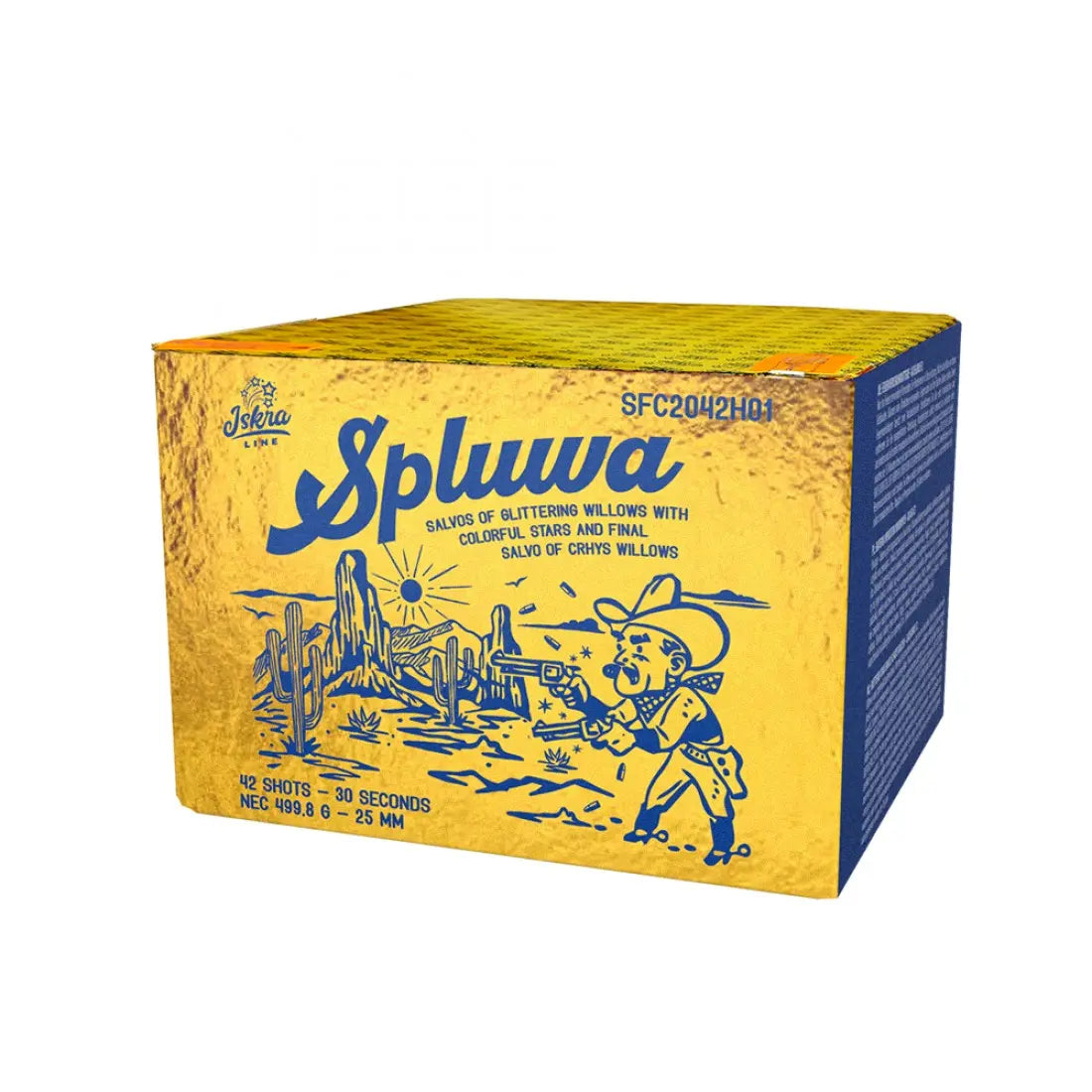 Die gelb-blaue Box "Iskra Spluwa 42sh" von Iskra zeigt einen Cartoon-Cowboy, der inmitten von Kakteen und Wüste spuckt. Diese Feuerwerksbatterie bietet 42 Schuss mit schillernd glitzernden Weideneffekten für ein unvergessliches Erlebnis.