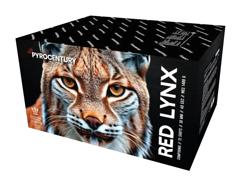 Die schwarze rechteckige Schachtel mit der Aufschrift "Pyrocentury Red Lynx Fan" von Pyrocentury zeigt ein Luchsgesicht in Großaufnahme. Weißer und roter Text beschreibt dieses 72 Schuss Verbundfeuerwerk und hebt sein beeindruckendes Feuerwerk hervor.