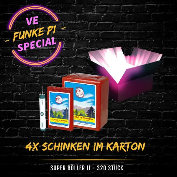 Eine Leuchtreklame mit der Aufschrift "VE FUNKE PI SPECIAL" steht über Kartons mit Funke Super-Böller 2 - 4 Schinken P1 VE | Special Feuerwerkskörper mit "Super Böller II" Etiketten. Darunter steht "4x Schinken im Karton" und "P1 Böller Schallerzeuger - 320 Stück.