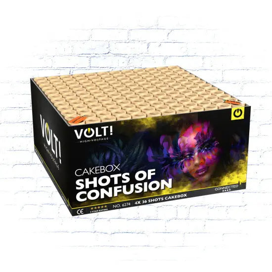 Die 144-schüssige VOLT! Shots of Confusion Cakebox von VOLT! wird vor einer weißen Backsteinwand gezeigt und zeigt ein farbenfrohes, abstraktes Frauengesicht mit dunklen Federn - perfekt für ein einzigartiges Feuerwerkserlebnis.