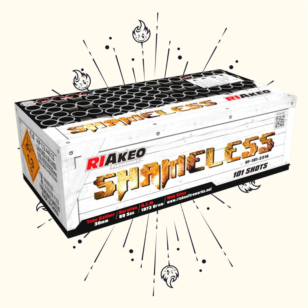 Eine rechteckige Riakeo Shameless-Box von RIAkeo mit goldenem Metalltext und "101 Schuss" auf der Vorderseite, feurigen Funken im Hintergrund und Warnhinweisen - ideal für ein hochwertiges Feuerwerk-Display.